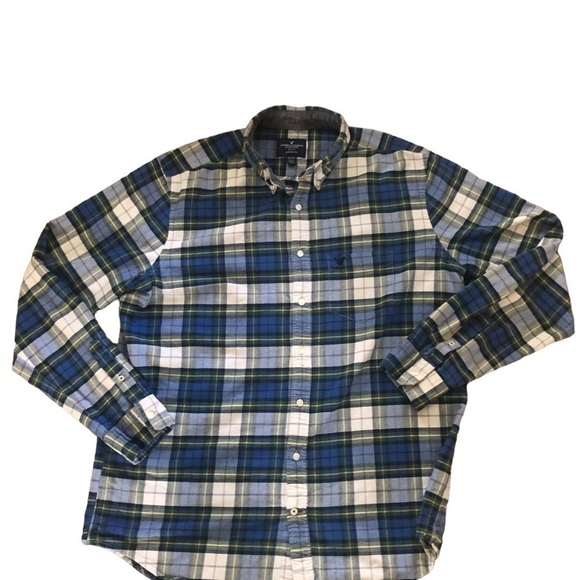 American Eagle Plaid Button Down Shirt XLT Classic Fit 100% Cotton Blue Green - Picture 1 of 6